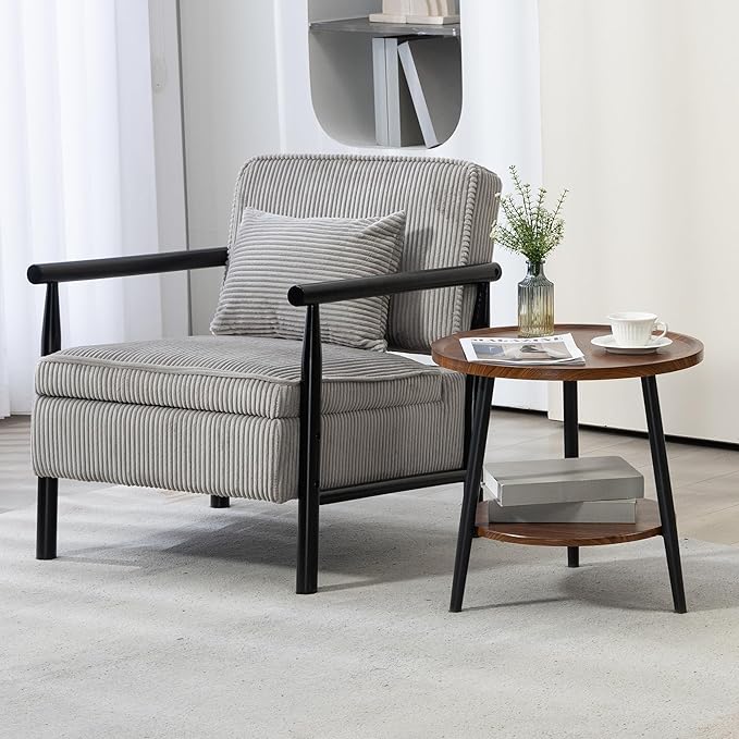 Accent Chair Comfy Modern Mid-Century Accent Chairs with Storage Corduroy Upholstered Lounge Armchair with Solid Wood Reading Side Single Sofa for Living Room/Office/Balcony/Bedroom-Gray
