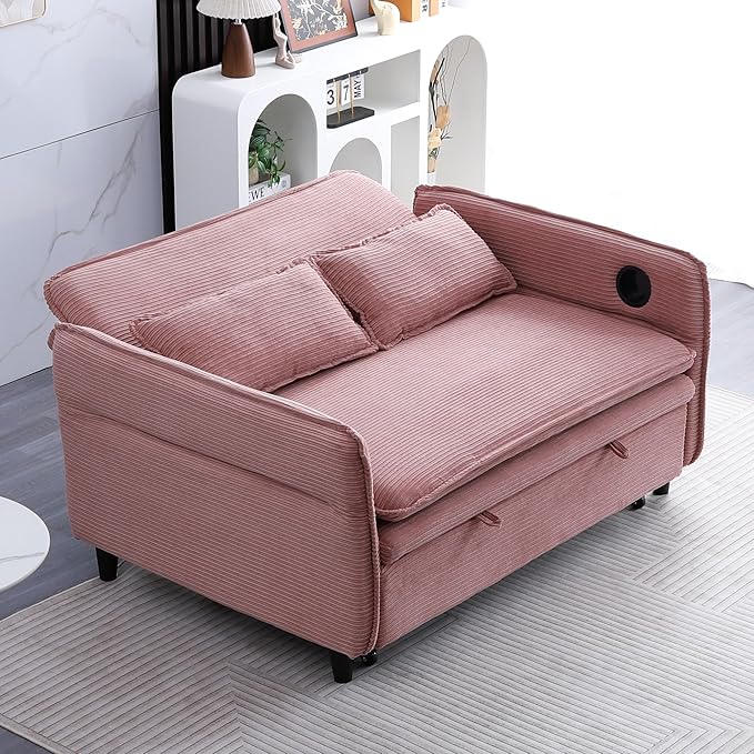 3 in 1 Convertible Sleeper Sofa Bed Loveseat Sleeper 65” Pull Out Couch Adjustable Armrest and Backrest with 2 Pillows for Living Room Bedroom (Pink)