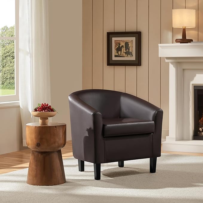 Topeakmart Faux Leather Club Chair Modern Accent Chair and Cozy Barrel Chair with Sturdy Wood Legs for Living Room Bedroom Reception Room Espresso