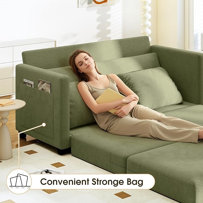 65 Convertible Loveseat Sofa Bed 2 in1 Folding Sofa Bed Loveseat Sleeper Sofa for Small Spaces Fold Out Floor Couch with 2 Pillows for Apartment Office &amp Guest Room (Green Chenille 65 inch)