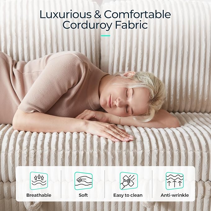 LINSY HOME Pull Out Loveseat Sofa Sectional Sleeper Sofa Plush Corduroy Love Seat Couch Pullout Modular Sectional Couches for Living Room Apartment Bedroom (Beige)