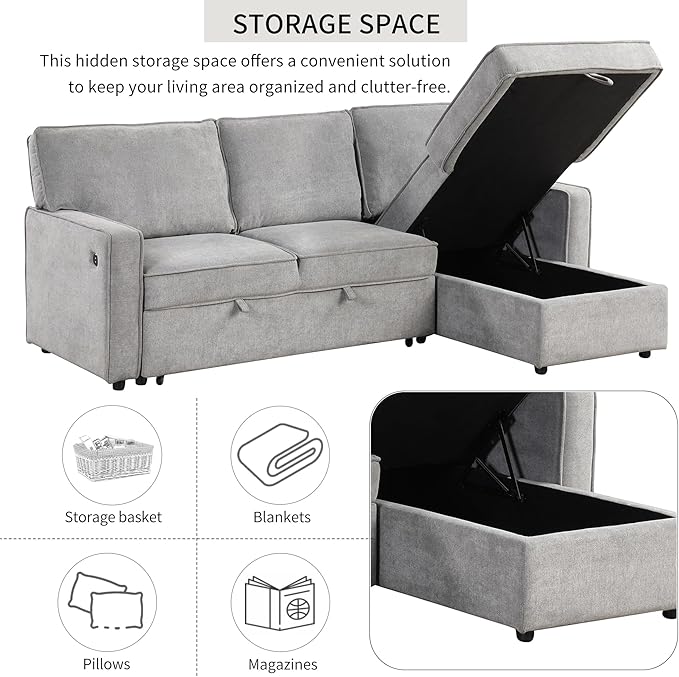 L-Shaped Convertible Sectional Sofa with Storage Space Upholstery Sleeper Sectional Sofa with USB Port and 2 Cup Holders on Back Cushions 3-Seat Sofa Furniture for Living Room Office (Grey-89'W)