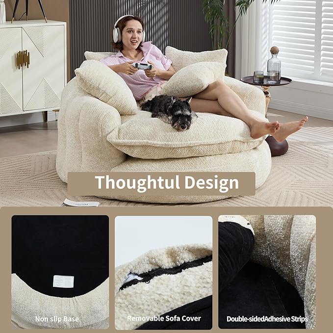 55 inch Oversized Round Chair Fluffy Chenille Boneless Sofa with Extra Deep Seat for Living Room Lounge (Beige)