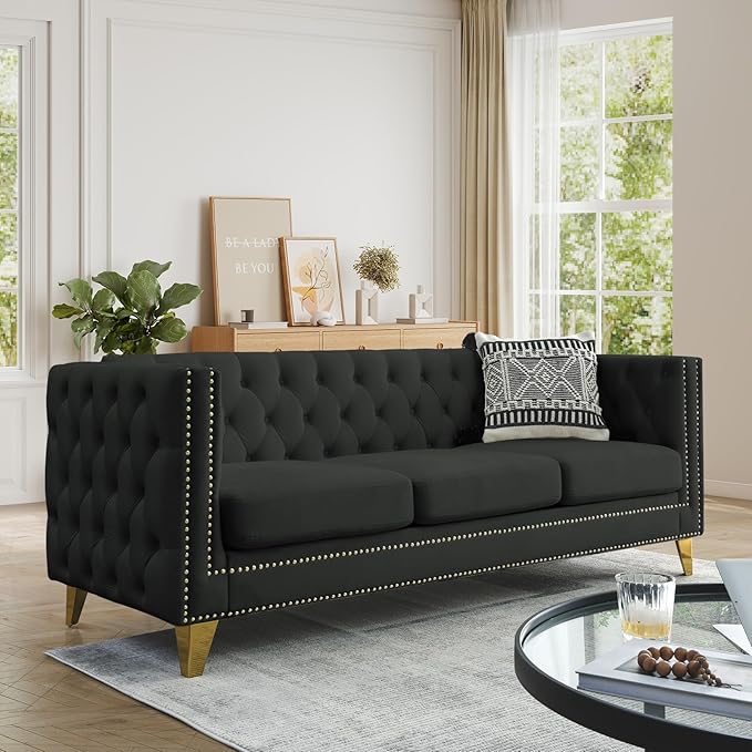Chesterfield SofaVelvet 3 Seater Modern Couch with Button Tufted &amp Nailhead Trim Upholstered Deep Seat Couch Oversized Comfy Sofa for Living Room Bedroom Apartment Office(80.5W Black)