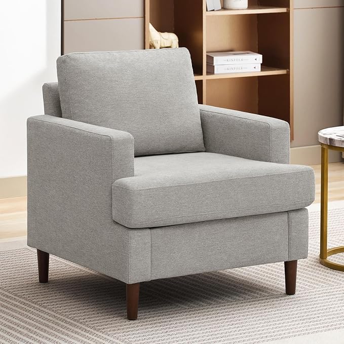 Mid-Century Accent ChairModern Linen Fabric Armchair for Living RoomComfy Upholstered Reading Accent Chairs for BedroomSingle Sofa Chair with Wood Legs (Light Grey 1 Pack)