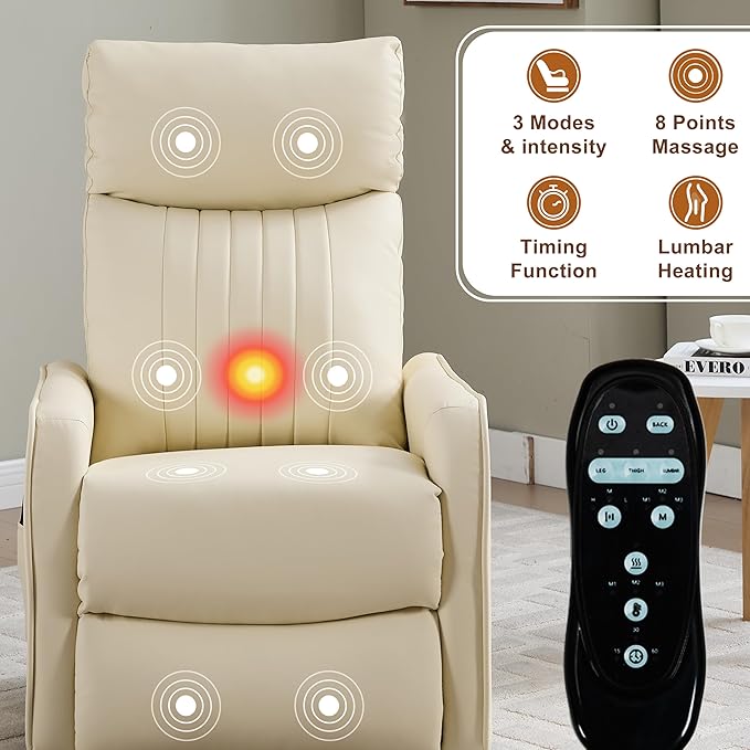 Manual Swivel Rocker Recliner Chair for Adults Overstuffed Glider Chair for Nursery with Massage and Heat Living Room Reclining Chair Faux Leather Light Yellow