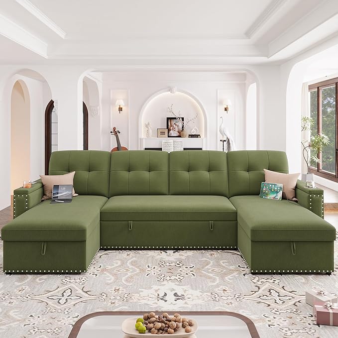 HIFIT 106 Sectional Couches for Living Room- Pull Out Sleeper Sofa Couch w/Storage ChaiseStorage ArmrestLED Light&ampUSB Port&ampCupholderModern Velvet U Shaped Home Sofa Living Room Furniture S