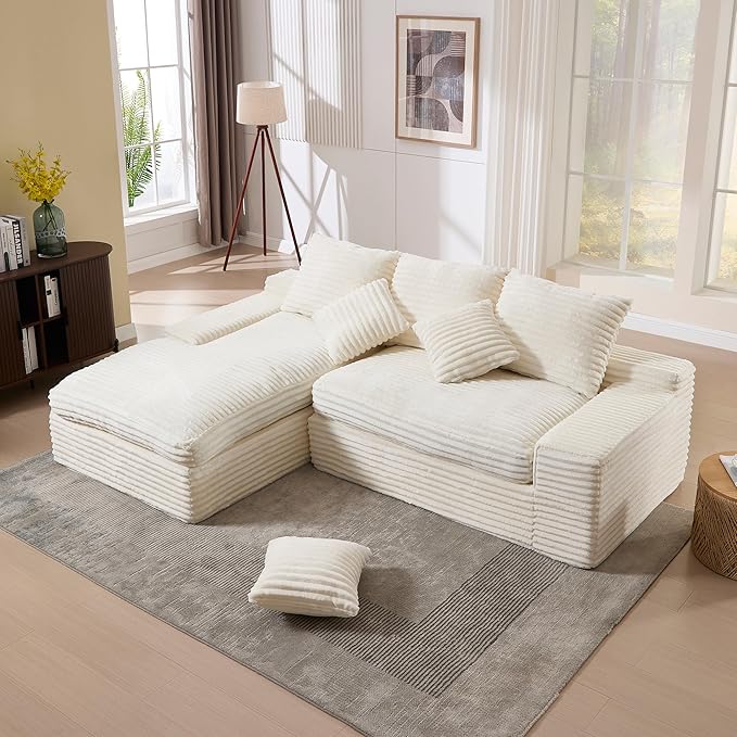 99 Cloud Modular Sectional CouchL-Shape Sofa Couch with Deep SeatModern Boneless Compressed Sofa with Chaise3 Seater Corduroy Couches for Living Room Bedroom No Assembly Required (Beige)