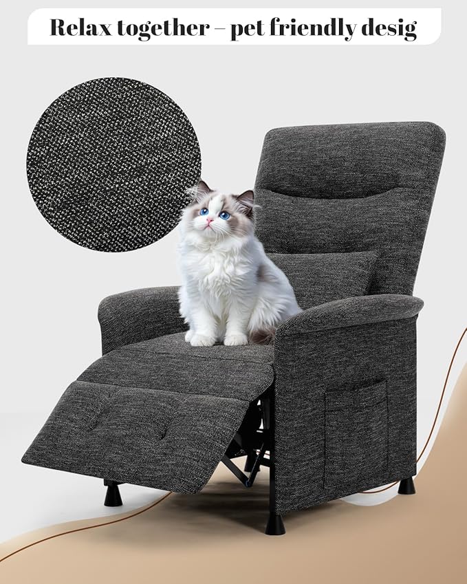 Recliner Chair for Adults Lazy Recliner Ergonomic Adjustable Single Sofa Enhanced with Side Pocket Tall Back Wide Arms &amp Padded Seat (Black Without Massage and Heating)