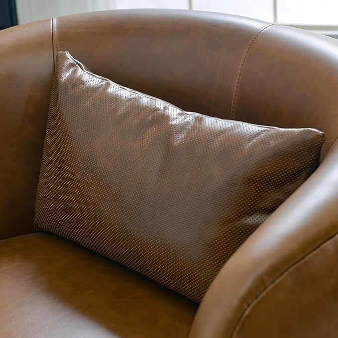 KINWELL 33''W 100% Top Grain Genuine Leather Swivel Barrel Armchair No Assembly Round Upholstered Leather Accent Chairs with Toss Pillow for Living Room Office Lounge (Dark Brown Genuine Leather)