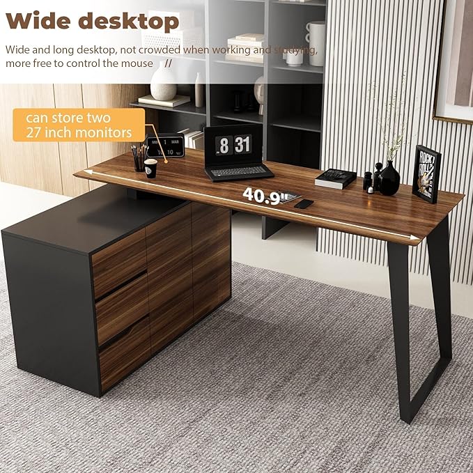 Home Office Desk L-Shaped with Drawers Cabinet Corner Brown Industrial L-Shape MDF Metal Wood Finish