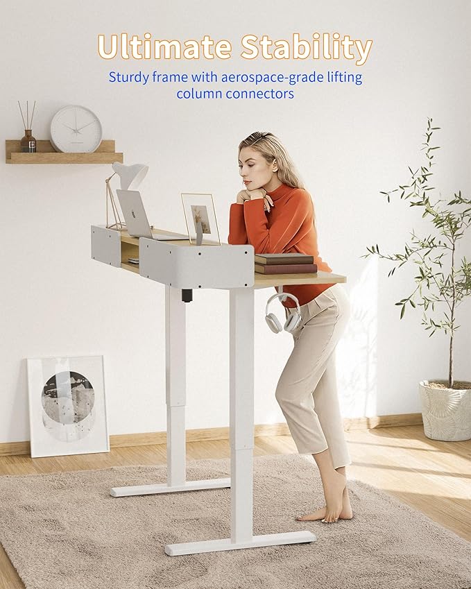 YIHAYO Electric Standing Desk with Drawers 40 x 24 Inches Adjustable Desk with Storage Shelf Stand Up Desk with Splice Board Computer Table for Home Office White Frame/Natural Top