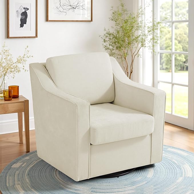 Swivel Accent Chair Mid Century Round Barrel Arm Chair for Living Room Comfy Chenille Club Single Sofa Chair for Bedroom-Beige