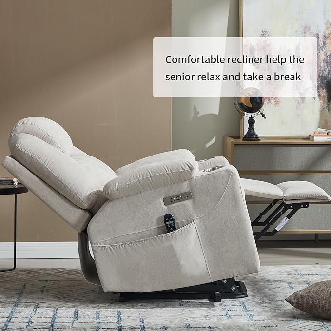 Chenille Electric Power Lift Recliner Chair Massage Single Sofa with Vibration Massage and Lumbar Heating Ergonomic Lounge Couch with Cup Holders and USB Charge Port for Living Room (Beige)