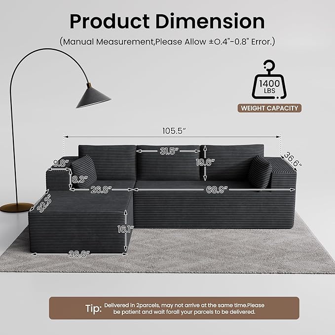 106 Cloud Sectional Boneless Couches for Living Room Modular L Shaped Couch with Deep Seat Oversized Left Facing Chaise Memory Foam Compressed Spineless 3 Seater Sofa for Bedroom Apartment Grey