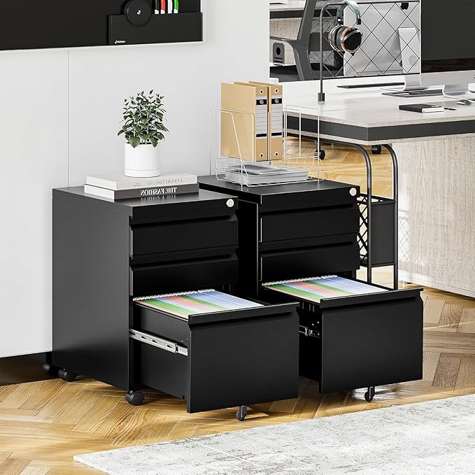 3 Drawer File Cabinet with 4 Wheels Capacity 120 Lb Locking File Cabinet- for A4 Letter-Head Legal-Size Folders - for Office&ampStudy Black