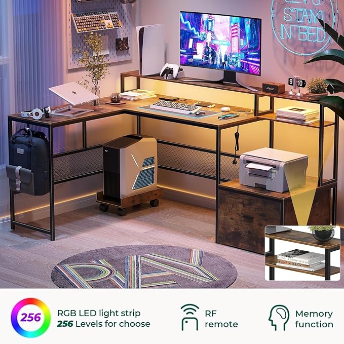 L Shaped Desk with Drawers 66 Home Office Desk with Power Outlet and Led Strip Reversible Computer Desk with Storage Shelves &amp Monitor Stand Large Corner Desk Gaming Desk Rustic Brown
