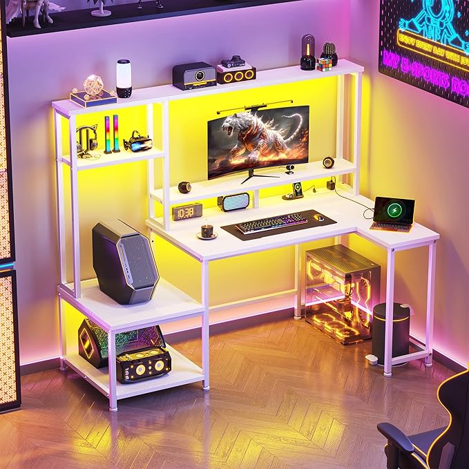 L Shaped Gaming Desk with LED Lights &amp Outlets55 Computer Desk with Shelves &amp Storage HutchReversible Corner Gaming Table with Printer Space &amp Monitor Stand for Game RoomHome OfficeWh