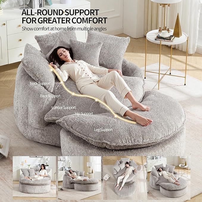 Round Oversized Lounge Chair with Ottoman - Cloud Comfy Boneless Sofa Chair for Living Room Relaxation (Light Grey Chair and Ottoman)