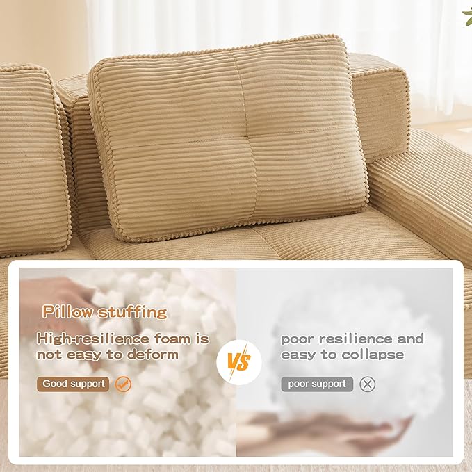 115.3'' Sectional Sofa 32D Foam Corduroy Boneless Couch with Pillow Deep Seat Wide Arm Sectional Couch for Apartment Living Room Bedroom