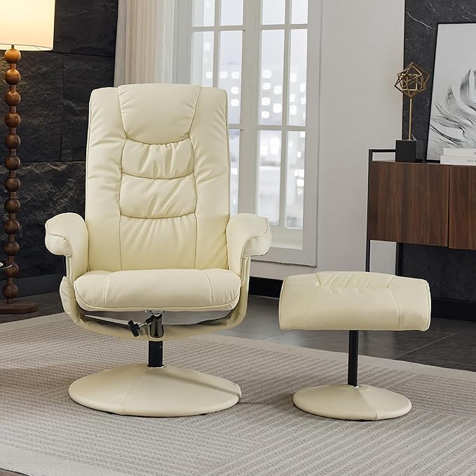 360° Swivel Office Chair with Ottoman Massage Lounge Chair with 5-Point Vibration &amp Heated Seat 140° Adjustable PU Leather Recliner for Living Room Home Theater or Office (Beige)