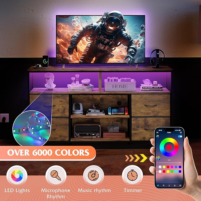 WLIVE TV Stand Dresser for 505560 inch TV Entertainment Center with LED Lights &amp Fabric Drawers Dresser TV Stand for Bedroom and Living Room with Open Shelves Rustic Brown