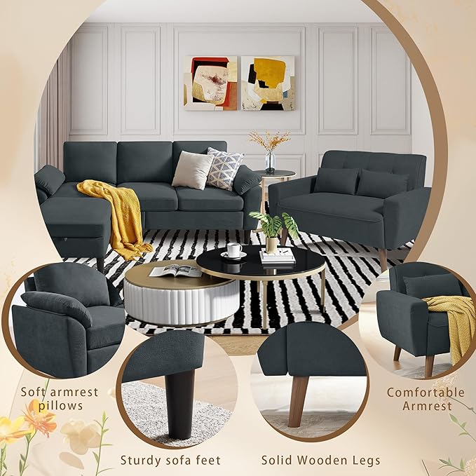 2 Piece Sectional Sofa Set 3-Seat Small L Shaped Couch with Storage Ottoman and 2 Seat Loveseat Sofa Set Polyester Fibre for Living Room Dark Grey
