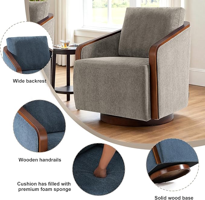 360° Swivel Barrel Chairs Set of 2 Upholstered Swivel Round Barrel Chair Comfy Chenille Fabric Single Club Armchair Accent Chair for Living Room Reading Room Bedroom Light Brown