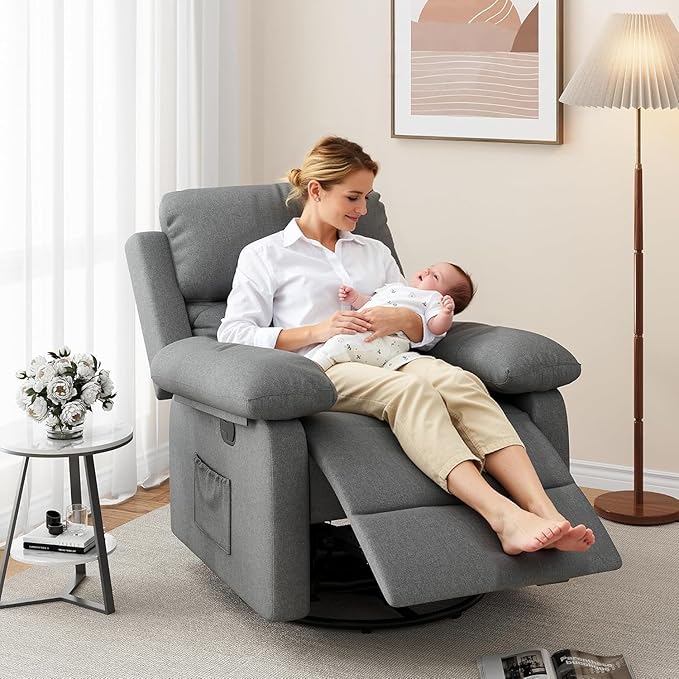 Glider Recliner for Adult Indoor Upholstered Lounge Nursery Chair Swivel Single Sofa with Side Pockets for Living Room Bedroom(Grey)