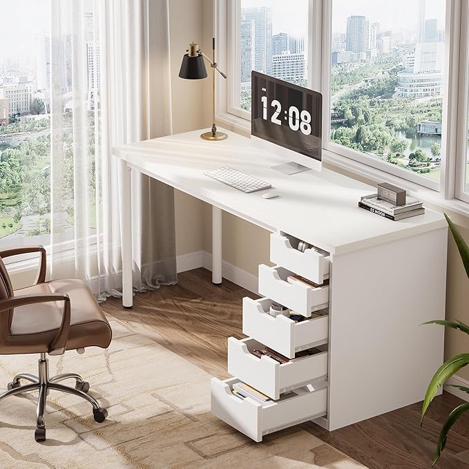 Tribesigns Modern Simple Computer Desk 47 Inches PC Desk with 5 Reversible Drawers Rustic Brown Study Writing Table Workstation for Home Office Small Spaces (All White)
