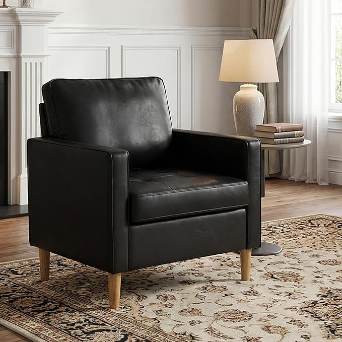 TYBOATLE Accent Chair Black Faux Leather Chair with Tufted Seat &amp Wood Legs Mid-Century Modern Living Room Chair Upholstered Comfy Reading Chair Armchair for Bedroom Waiting Room Office (1)