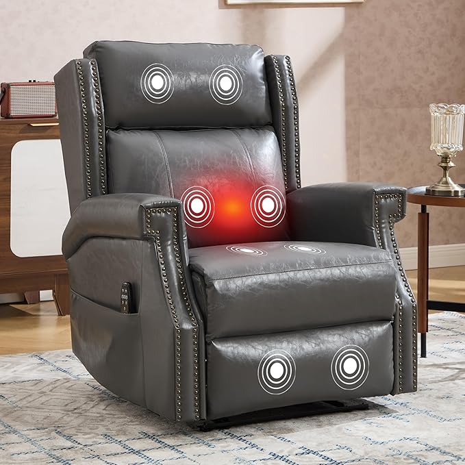 Manual Recliner Chair Faux Leather Push Back Recliners with Vibration Massage Lumbar Heat Living Room Single Sofa Reclining Rivet Design Chair Gray