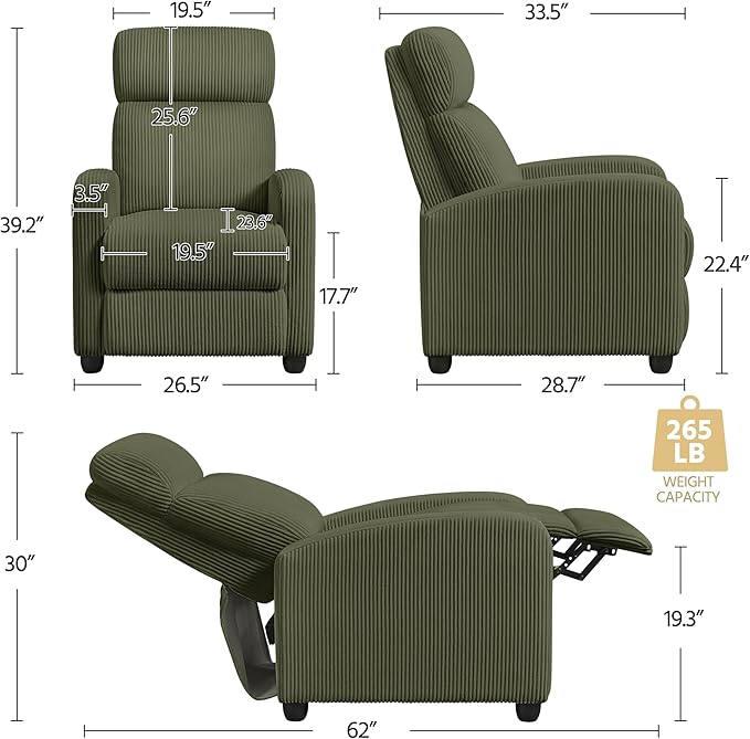 Yaheetech 2-Seat Corduroy Pushback Recliner Chair Living Room Chair with Thick Seat Cushion and Backrest Reclining Chair for Living Room Dark Green
