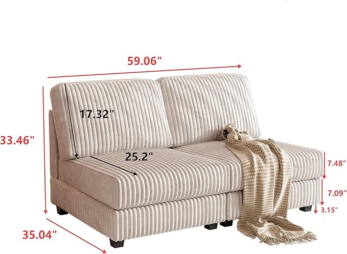 59.06 Modular Sectional Loveseat 2-Piece Deep Seat Corduroy Lounge Sofa Small Loveseat Couch for Living Room Bedroom ApartmentBeige
