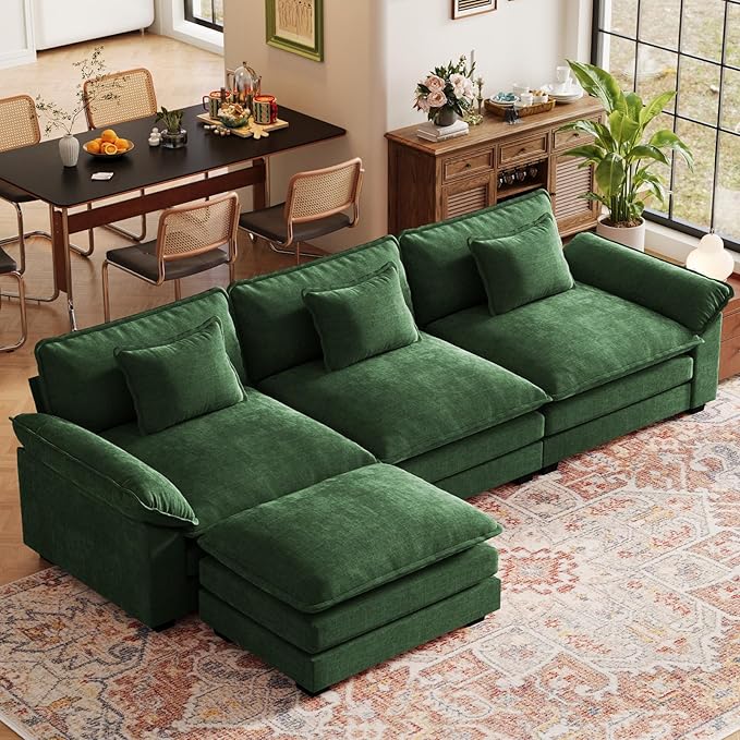 CDCASA 120 Modular Sectional Sofa Comfy L-Shaped Cloud Couch with Movable Ottoman Oversized 4-Seater Chenille Deep Seat Sofa Couch for Living Room DIY Combination Green
