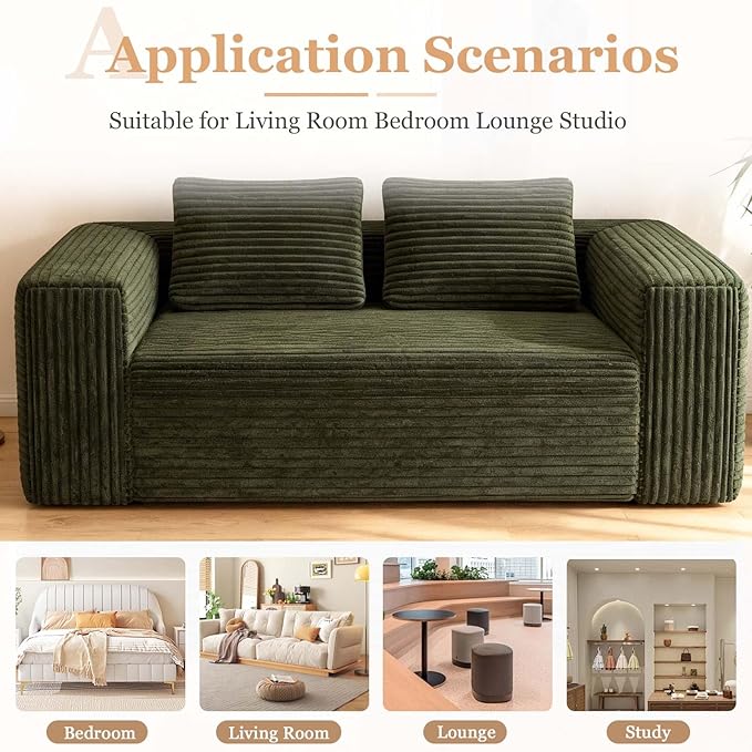 63 Green Boneless Couches for Living Room Compressed Sofa Couch in a Box Corduroy Memory Foam Floor Couch for Adults Memory Foam Deep Seat No Assembly Required (Green)