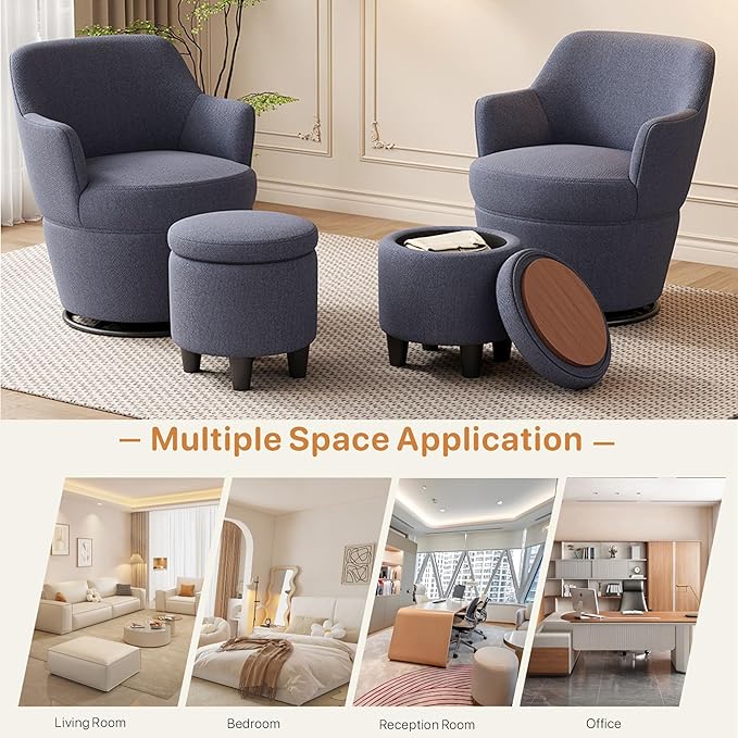 Upholstered Swivel Chair with Storage Ottoman360° Swivel Accent Lounge Sofa with Metal BaseComfortable Cotton Linen Barrel Reading Armchair for Living Room Bedroom Office (Blue)