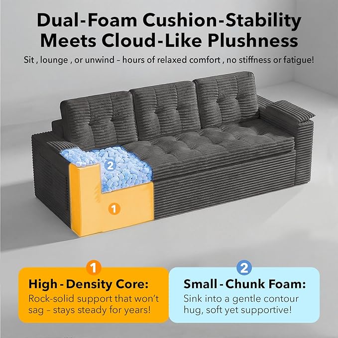 83 Boneless Couch 3 Seater Cloud Corduroy Sofa in a Box with Deep Tufted Cushions Zero Assembly Removable Washable Cover Family-Friendly Living Room Couch Dark Grey