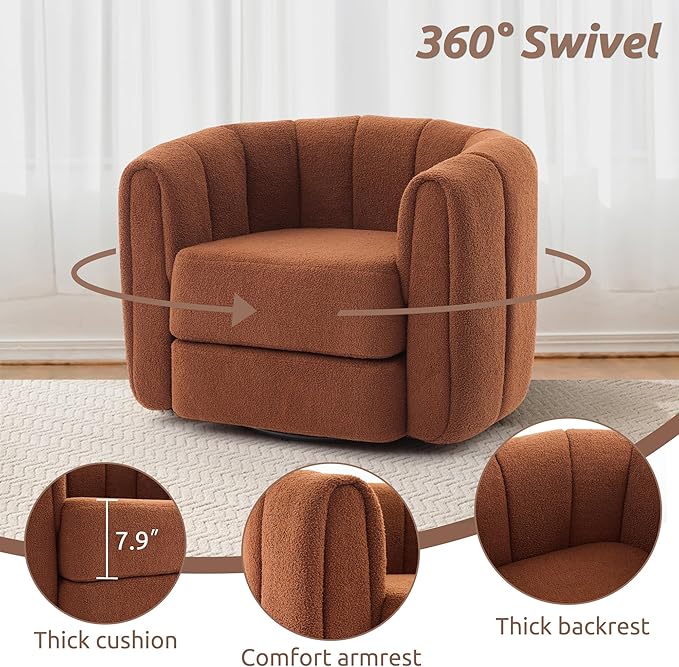 Eafurn 360° Swivel Accent Chair Furry Barrel Armchair Boucle Upholstered Leisure Lounge Sofa Reading Chair Oversized Padded Armchair with Thickness Cushions and Tufted Design for Living Room Bedroom