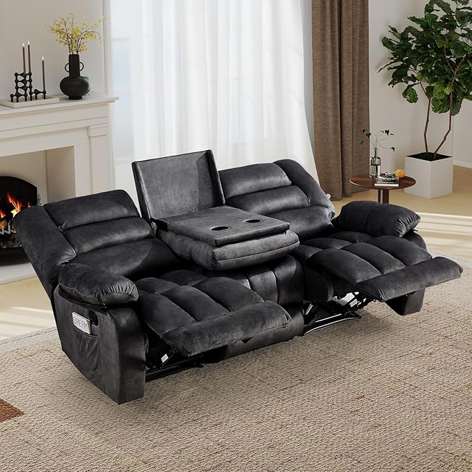 EBELLO Recliner Sofa Flip Middle Backrest Design 3 Seat Recliner Couch Overstuffed Comfortable Armrest Manual Reclining Couch for Living Room Bedroom Furniture Grey (3 Seat Sofa)