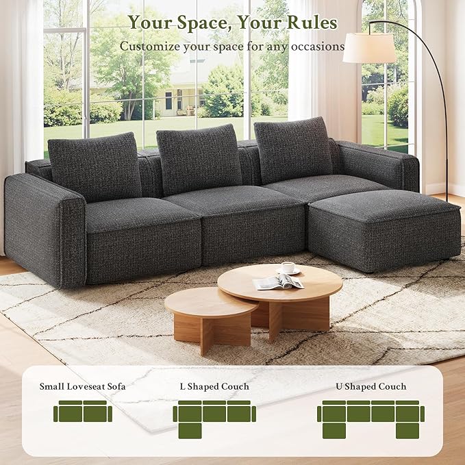132 Sectional Couch Locked-in Modular Sectional Sofa Wood Frame Couches for Living Room 22 Deep Seat U Shaped Couch with Ottoman Chenille Cloud Sofa Tool-Free Setup Sofas for Living Room