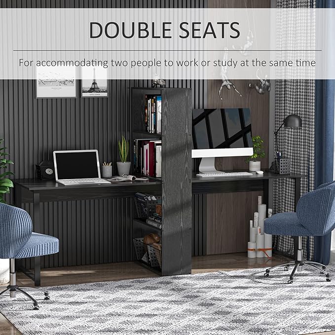HOMCOM 88 Extra Long 2-Person Computer Desk with Storage Shelves Combo Double Workstation Storage Study Writing Table for Home Office Bookshelf Black