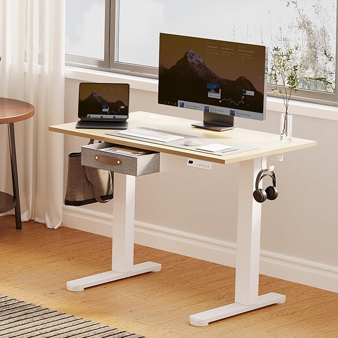 Seang Standing Desk with Drawer 40 x 24 Height Adjustable Stand Up Desk 3 Memory Height Settings with Cable Grommets &amp Storage Hooks Ideal for Home &amp Office Nature