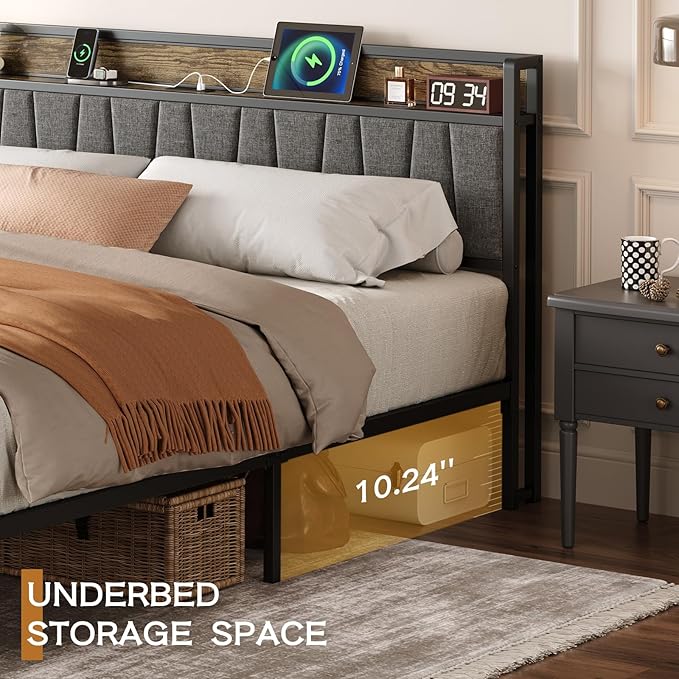 Queen Bed Frame with Storage Drawers and Charging Station Upholstered Headboard Metal Platform Bed with USB Ports No Box Spring Needed Easy Assembly Dark Brown