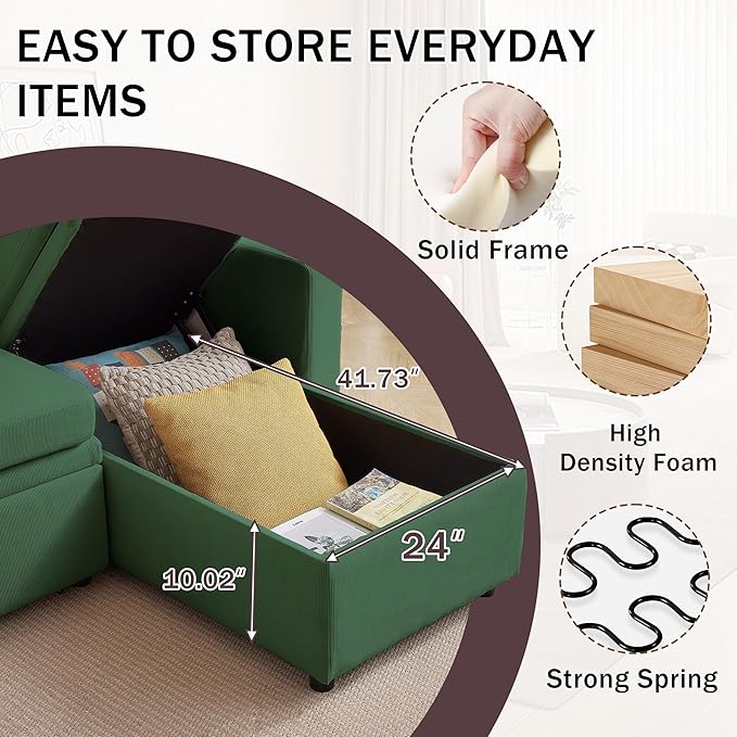 Sectional Sofa Bed Convertible Sleeper Sofa with Storage Chaise L-Shape Modern Polyester 3 in 1 Pull Out Couch Bed for Living Room Green