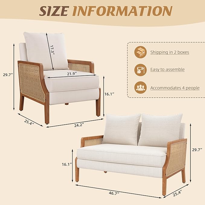 HAOBO Home Modern Accent Chair Upholstered Living Room Chairs Armchair with Rattan Armrest Comfy Reading Chair Lounge Side Chairs (Beige)