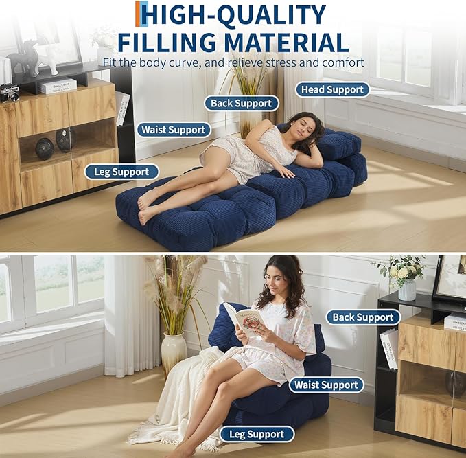 Folding Sofa Bed Convertible Sleeper Chair with Pillow Foldable Matress with Back Support Portable Fold Out Chair Bed Comfy Floor Sofa Lounge for Living Room Bedroom Navy Blue Single
