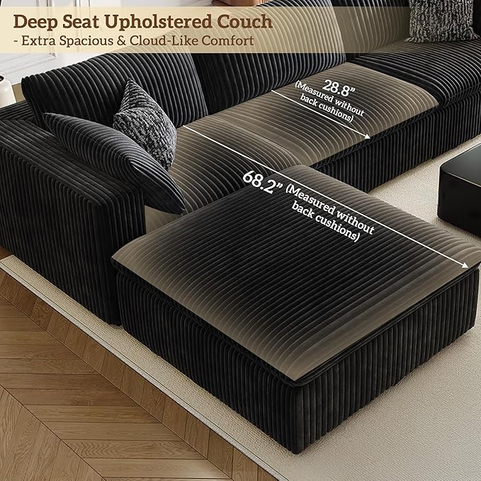 157.6 Cloud Couch Oversized Modular Sectional Sofa Boneless U-Shaped 6 Seater Deep Seat Couch with Ottoman Soft Corduroy Upholstery DIY Combination for Living Room No Assembly Required Black