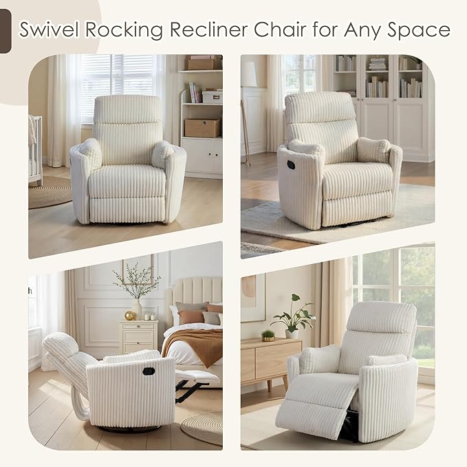 Nursery Rocking Chairs Comfy High Back 360 Swivel Rocker Recliner with 2 Pillows Glider Recliner Nursery Chair for Adults Small Spaces Nursing Bedroom Living Room Beige
