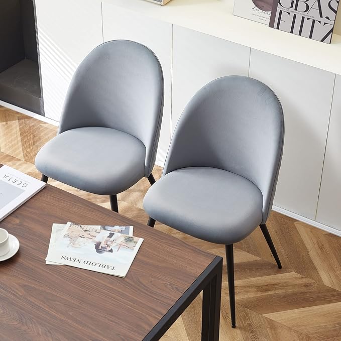 Dining Chair Set of 4Modern Gray Reception Guest Chairs Upholsered for Kitchen Apartment Elegant Velvet Living Bedroom Side Chairs with Curved Backrest Metal Legs